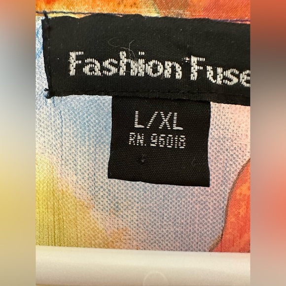 Fashion Fuse Orange and Blue Graphic Tie Front Blouse Beach Coverup Sheer - Picture 5 of 5